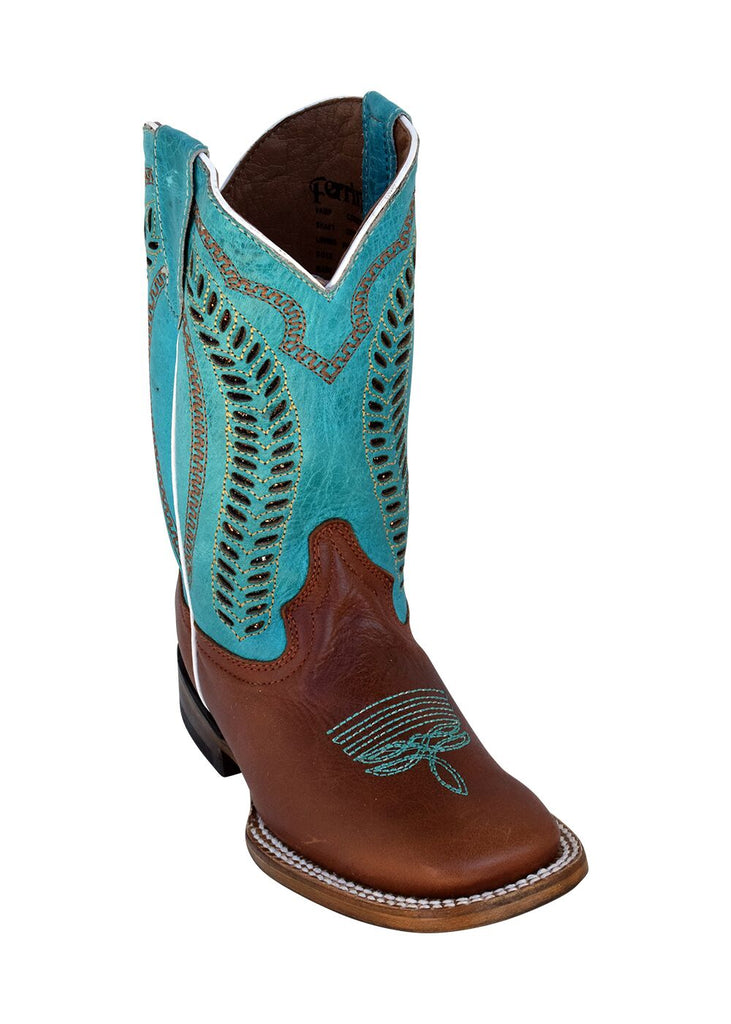Kids's Cowhide Briwn/Turq S-Toe