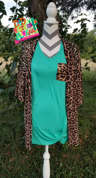 PARTY POCKET KNOT TOP ** TURQ W/ LEOPARD